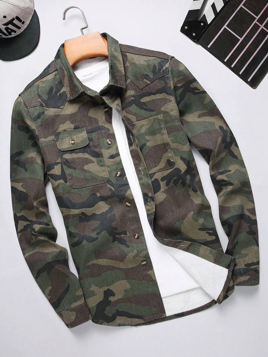 Manfinity Hypemode Plus Size Men's Camouflage Print Long Sleeve Denim Shirt