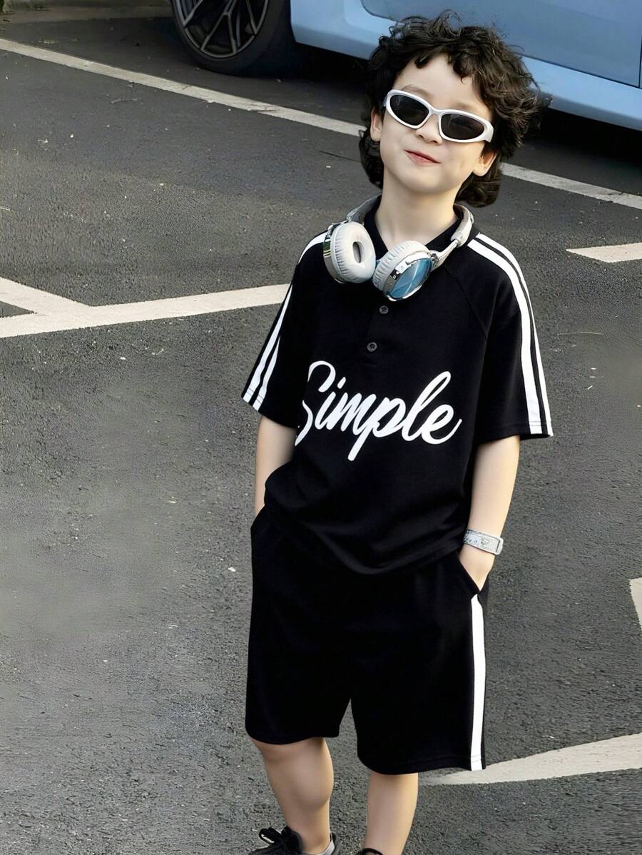 SHEIN 2pcs/Set Tween Boys' Casual Versatile School Style Funny Print Knitted Polo Shirt And Shorts Set, For Summer Stay Home, Outgoing Travel
