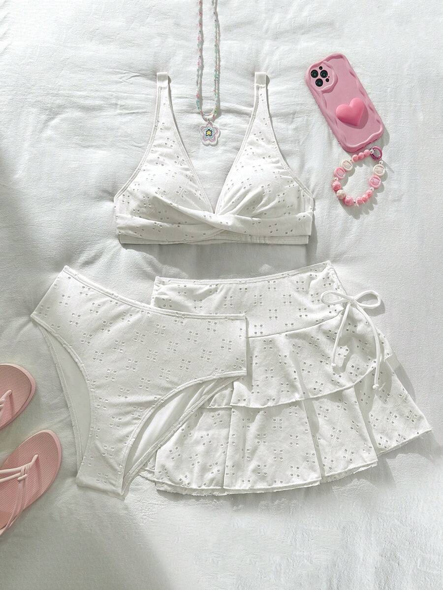 Swim Mod Women's Summer Beach 3pcs Set: Cute Solid Color Knitted Jacquard Fabric Top With Criss-Cross Bust & Double Layer Cake-Style Mini Skirt With Bow Side, Swimsuit