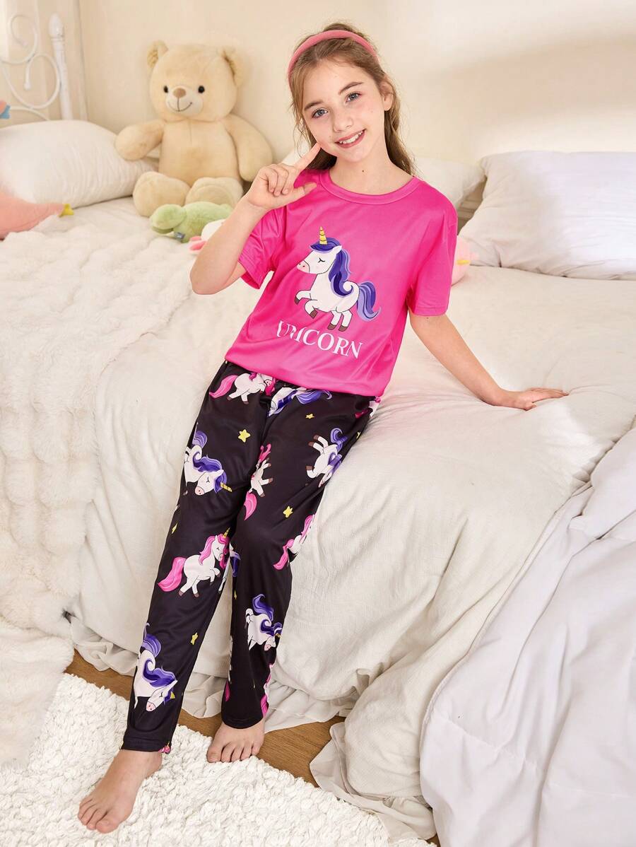 FamilyFrolics Conjunto de pijama con Top de manga corta con cuello redondo y pantalón largo con estampado de dibujos animados para niñas mayores