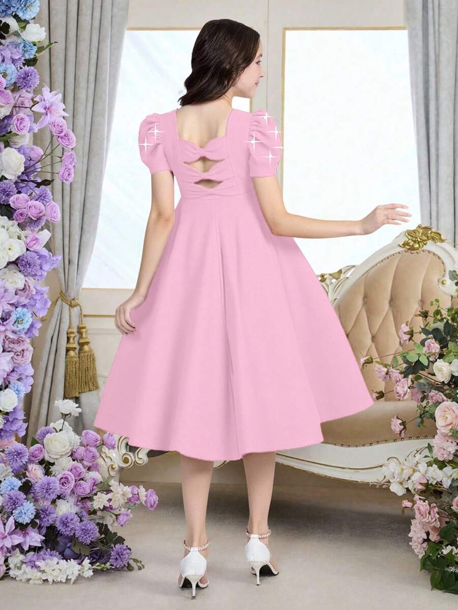 Teen Girl Red Beaded Puff Sleeve Backless Bow Design Fashion Retro Sweet Elegant Princess Dress