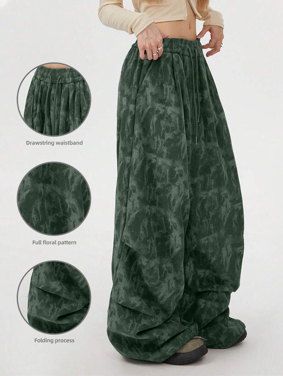 SHEIN EZwear سروال فضفاض من الكورد مزين بالكشكشة للنساء