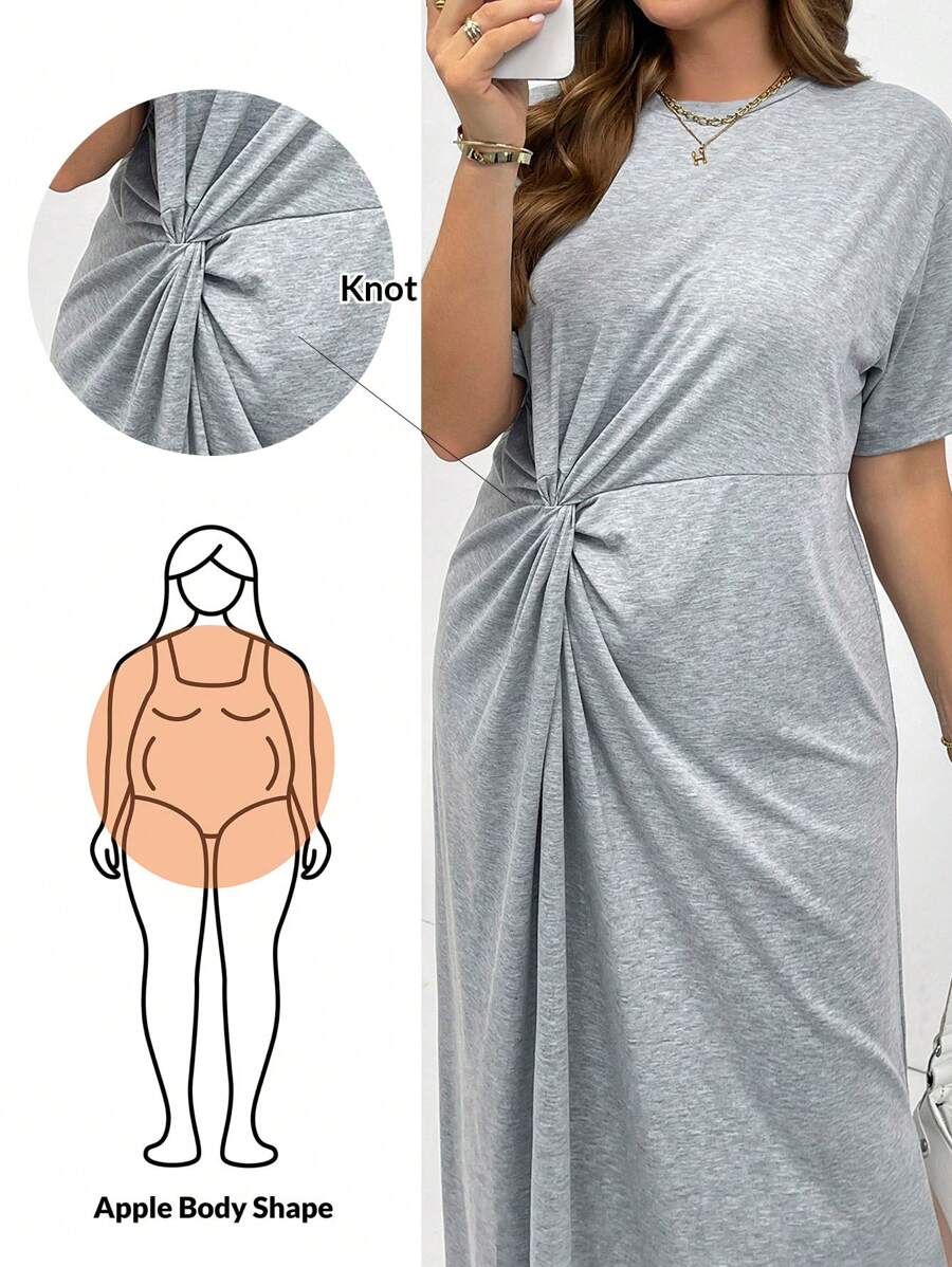 SHEIN Essnce Plus-Size Women's Summer Short-Sleeved Dress, Casual Women's Dress, Grey Dress, Knotted Dress Summer Dresses For Women
