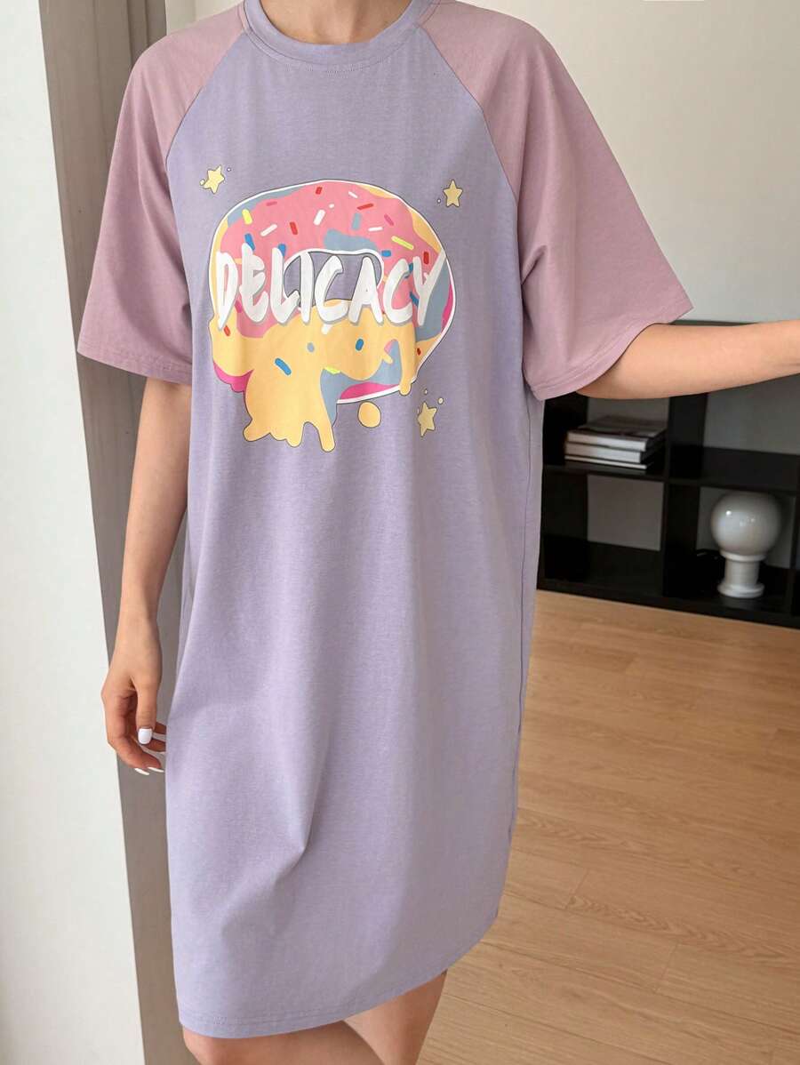 DAZY Camisón con diseño de bloqueo de color, estampado de letras y donas lindo para mujeres