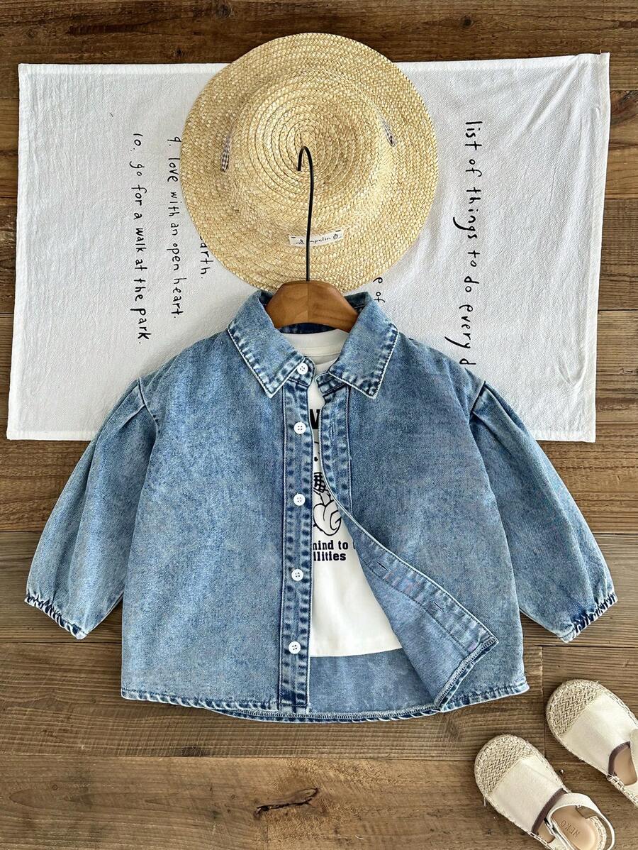 SHEIN Mädchen lange, weite Denim-Bluse mit umlegekragen und elastischem Bündchen