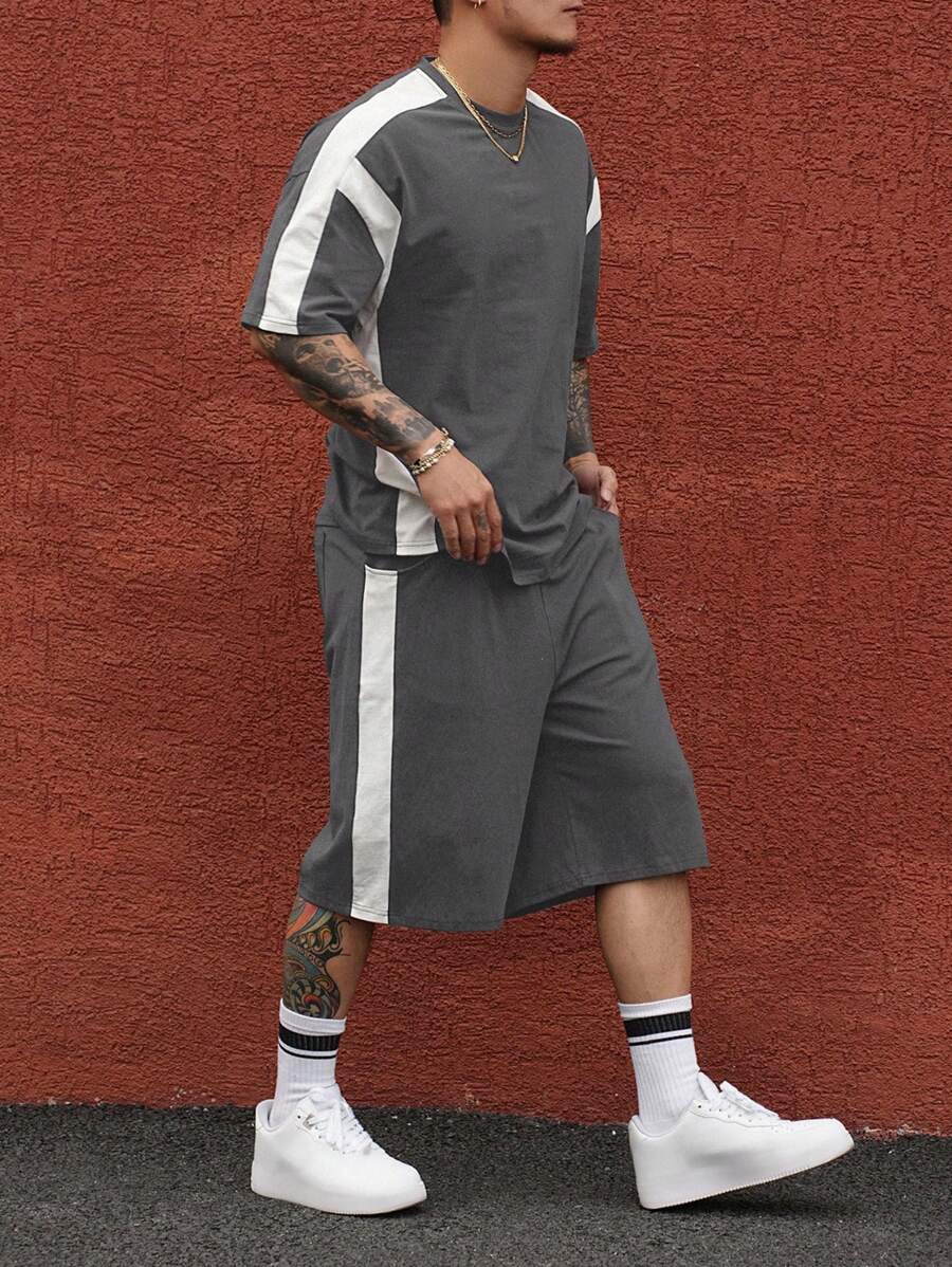 DAZY Conjunto de 2 piezas de camiseta de manga corta y pantalones cortos con estampado de letras y bloques de color para hombre en verano