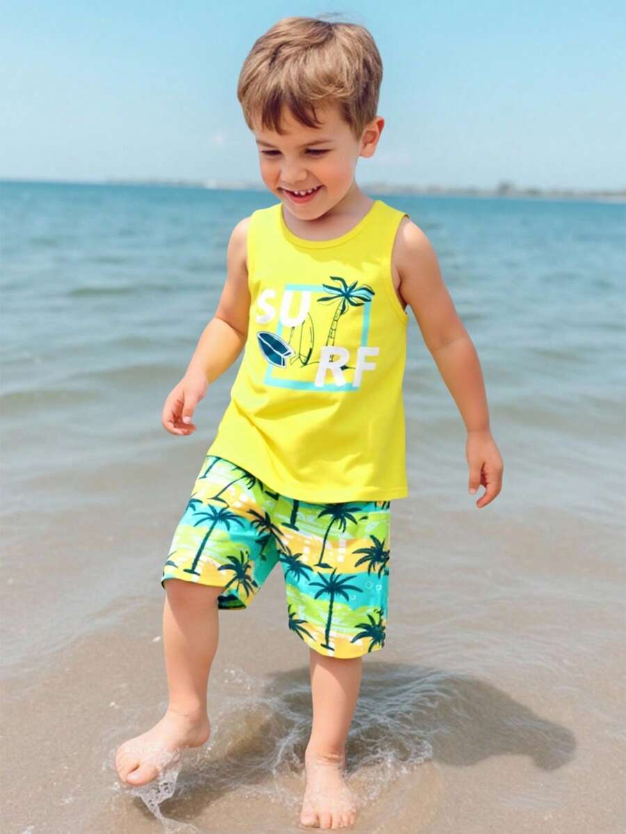 SHEIN Young Boy Casual Fashionable Printed Coconut Tree Pattern Vest And Patchwork Coconut Tree Print Shorts 2 Pieces Set, Suitable For Spring/Summer, Beach Vacation
