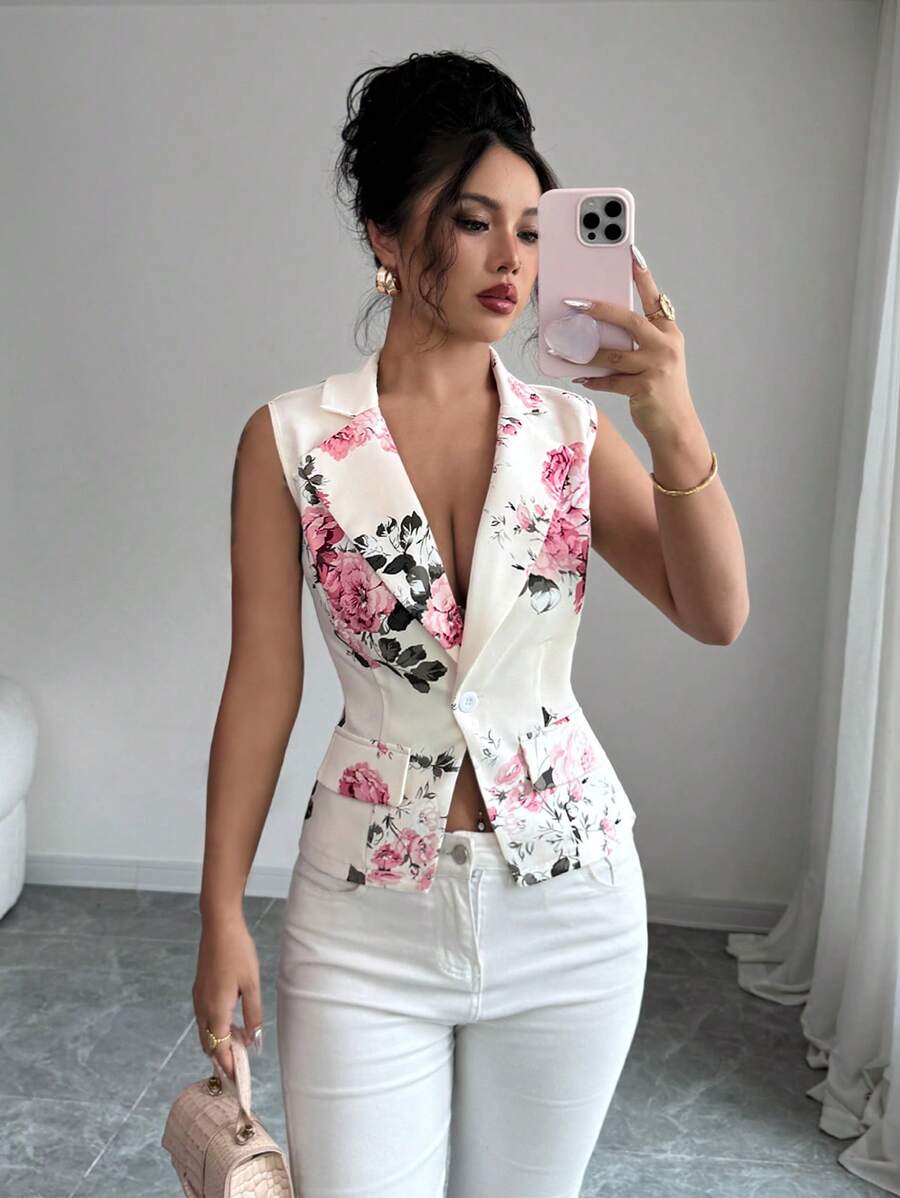 Elenzga Women Floral Print Distressed Collar Sleeveless Elegant Blazer