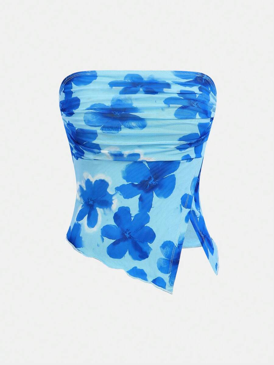 SHEIN Girlism Blusa estilo bandeau com babados e bainha de malha floral para adolescentes