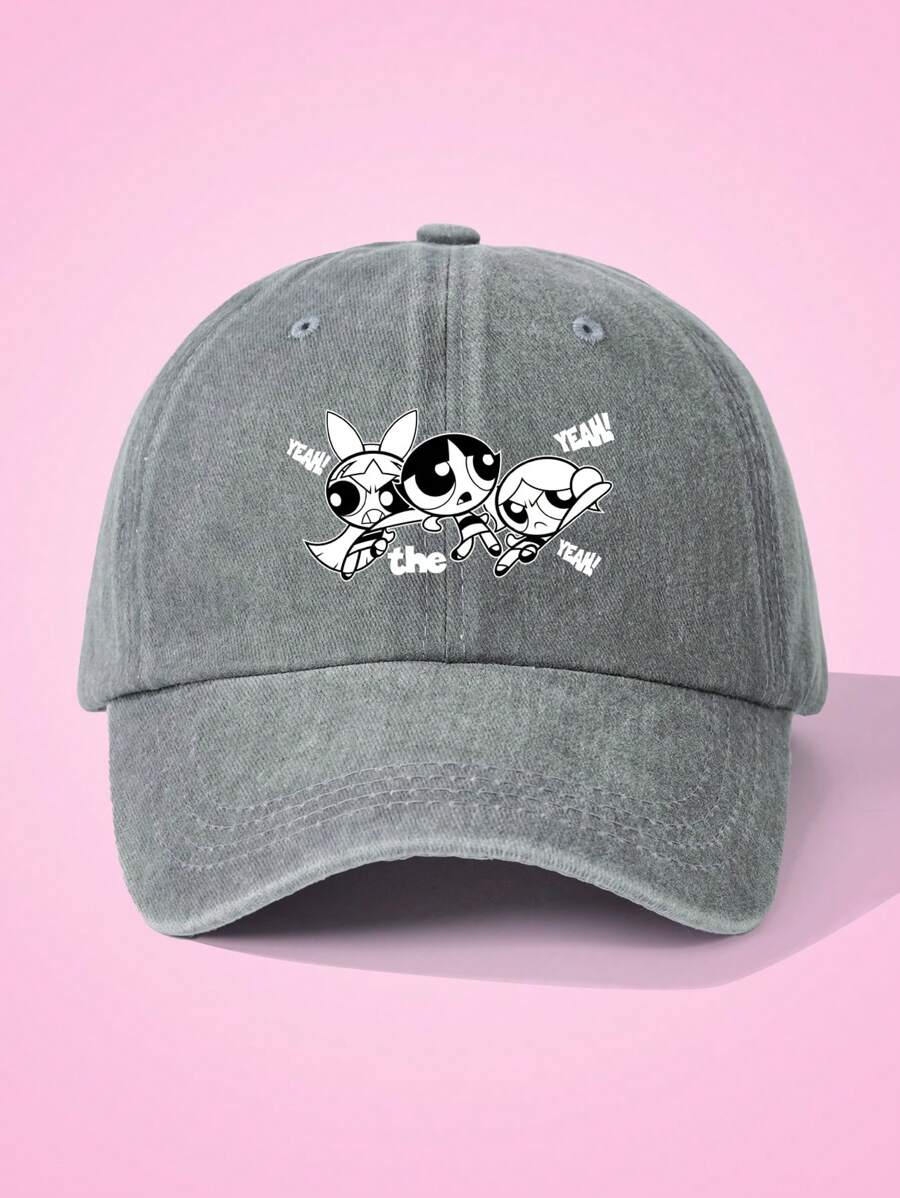THE POWERPUFF GIRLS X SHEIN Casquette de baseball lavée imprimée avec lettres de bande dessinée
