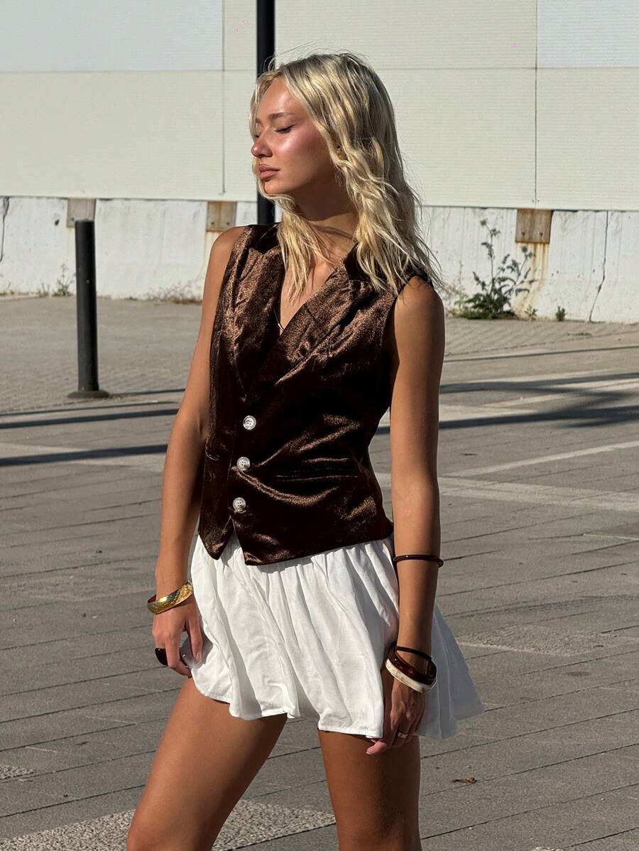 SHEIN ICON Chaleco/chaqueta tipo americana retro de color marrón oscuro para mujer