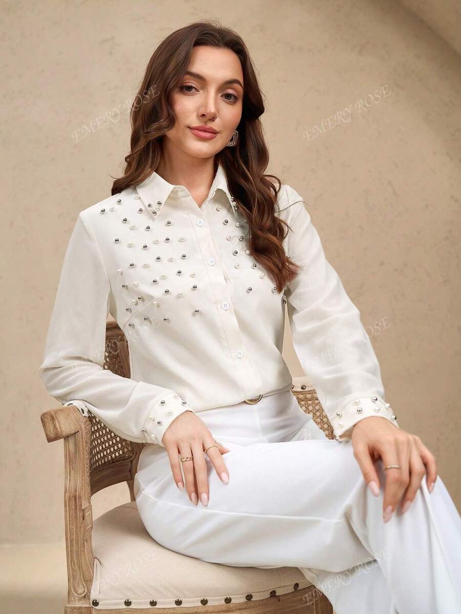 EMERY ROSE Camicia donna a maniche lunghe beige con decorazioni in perle