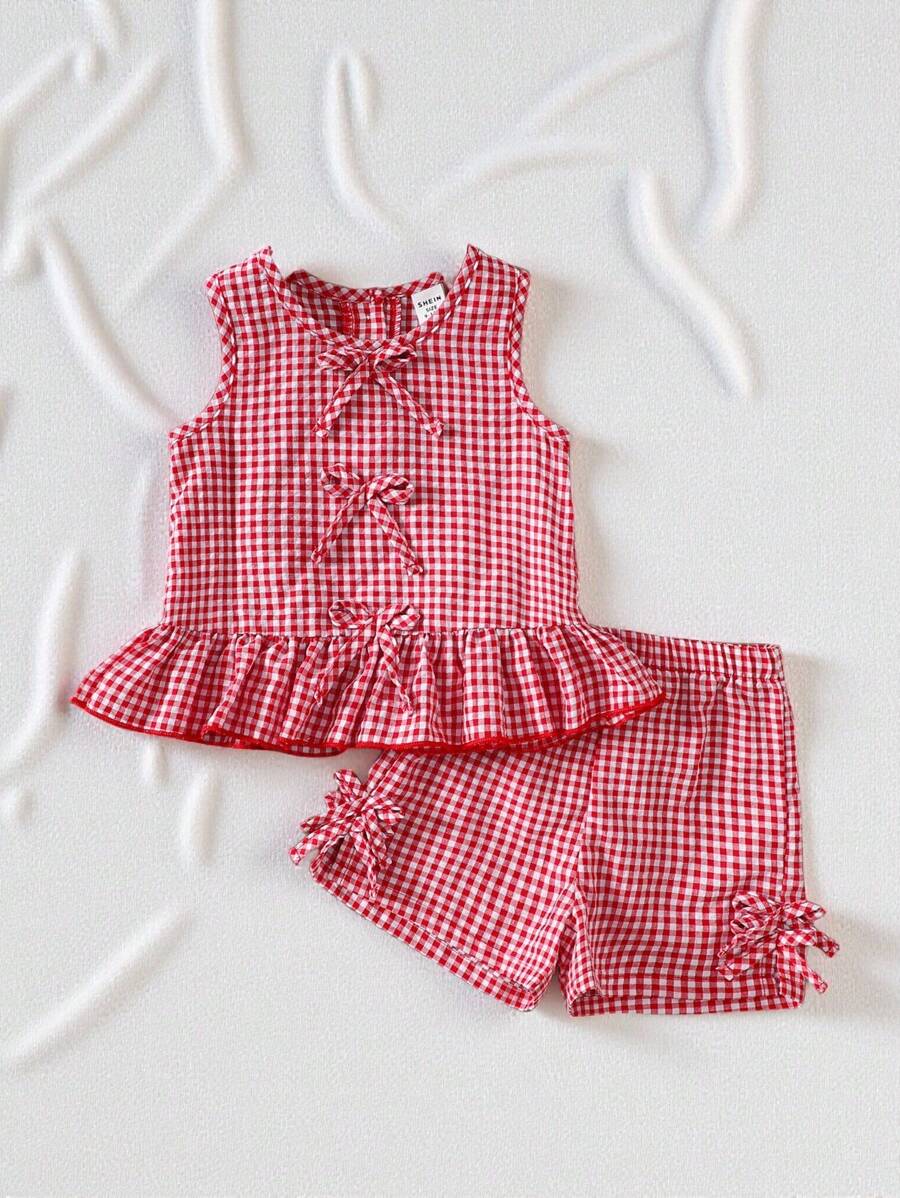 SHEIN Vintaside Kids 2 pezzi set di abbigliamento casual per bambina, composto da canottiera e pantaloncini a quadri, adatto per uscite all'aperto