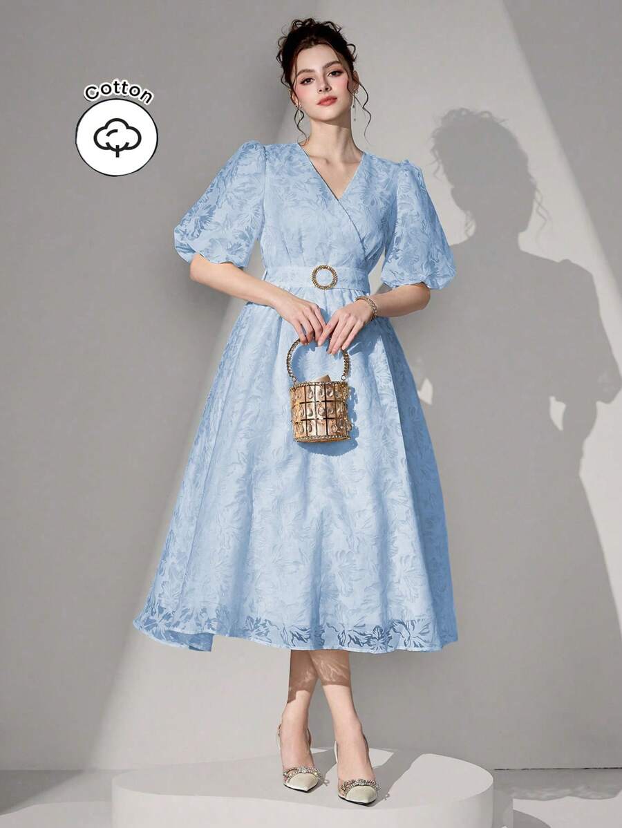 Poshira Batik Print Cross V-Neck Cinched Waist Midi A-Line Dress For Women
