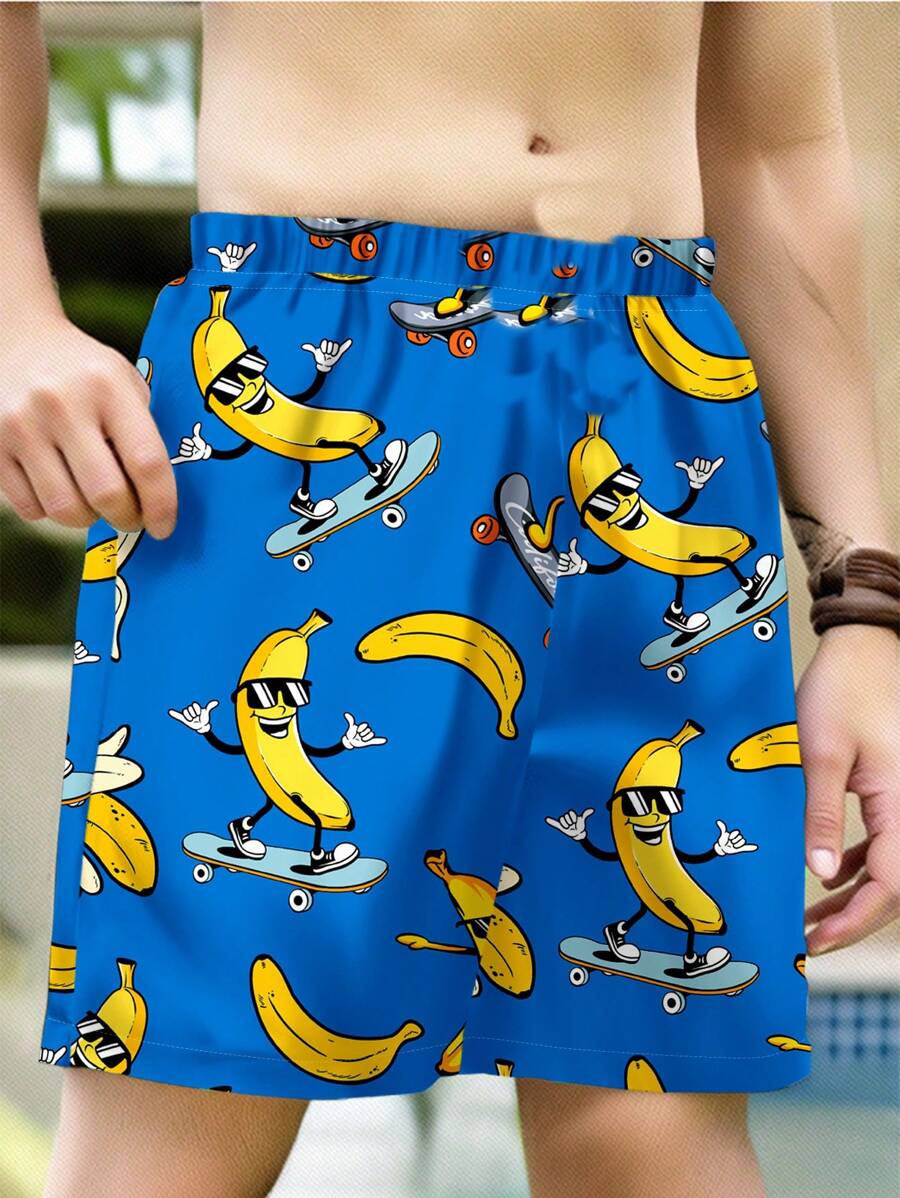 Pantalonetas de baño holgadas con estampado de plátano, gafas de sol y hojas en un estilo minimalista casual, adecuado para adolescentes en verano