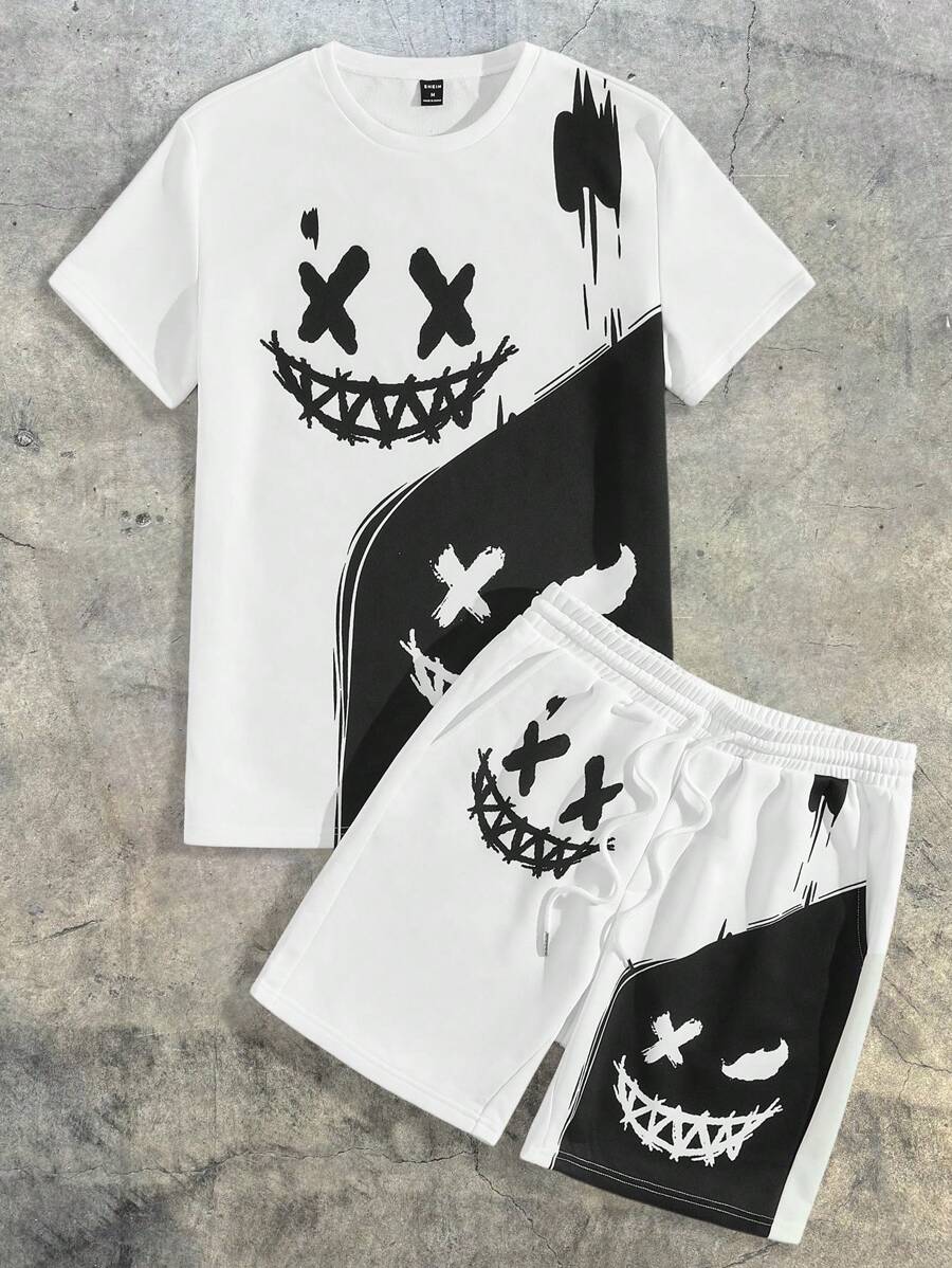 AXEPEAK Ensemble t-shirt Ă manches courtes et short avec bloc de couleur et graphique de visage pour hommes, Amis