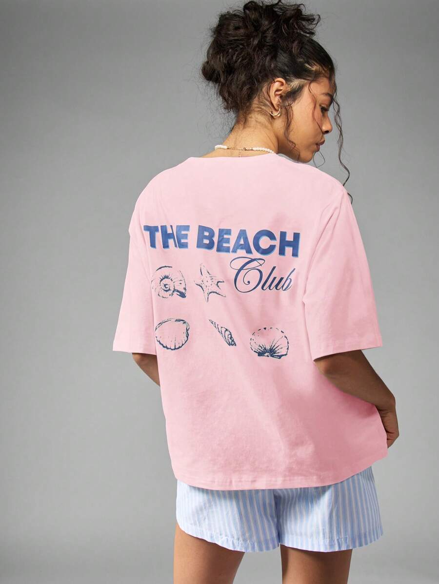 MISSGUIDED La collezione Beach Club, t-shirt oversize con stampa a conchiglia, abbigliamento da spiaggia estivo, lounge casual da costiera