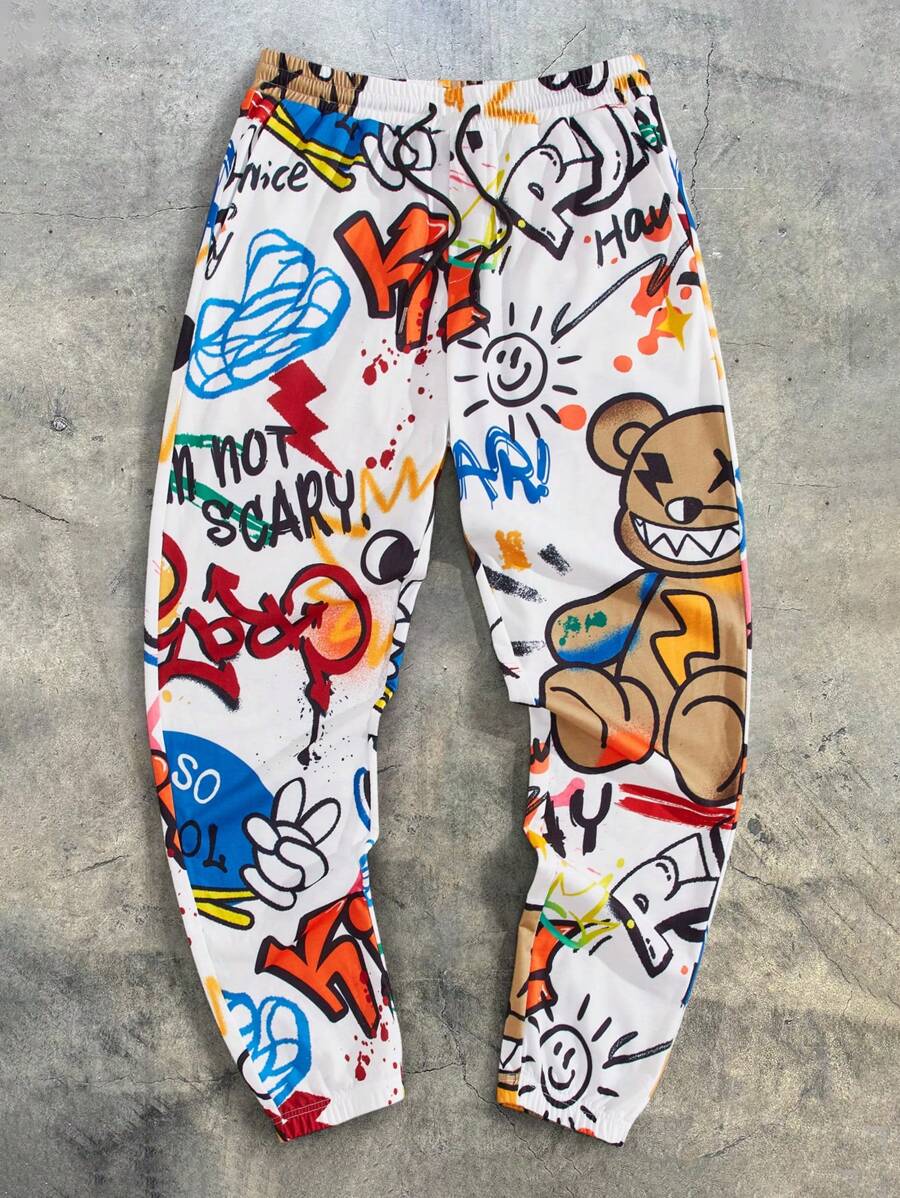 AXEPEAK Calça de Moletom com Estampa Gráfica Cartoon para Homens, Calça de Jogging, Grafite, Férias, Amigos Engraçados, para Rave, Itens Essenciais de Streetwear