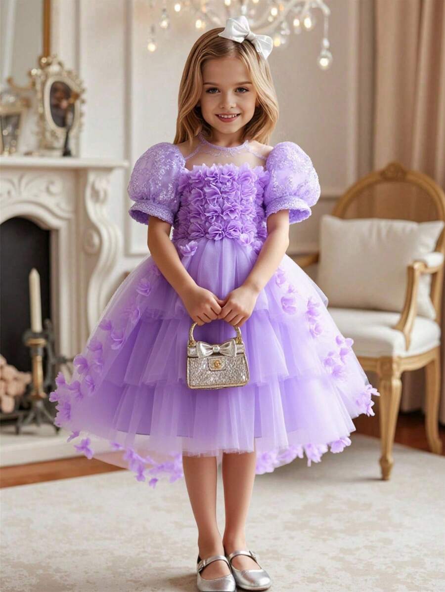 Vestido de niña con mangas abullonadas, cola de tul y flores 3D en color púrpura, vestido esponjoso de volantes de malla para primavera/verano, vestido de princesa para cumpleaños, boda, fiesta, recital, niña de las flores
