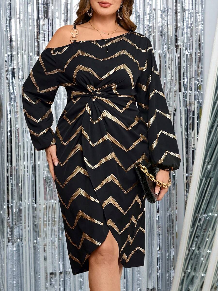 Gownix Asymmetrical Shoulder Chain & Twist Front Ruched Waist Loose Fit Metallic Gold Printed Elegant Vintage Midi Dress For Plus Size Women White Women Dresses Back To School Off The Shoulder
Fall Dresses
Long Sleeve
Long Sleeves Woman Off Shoulder Long Sleeve Teacher Fall Dresses Office Wear Curve
