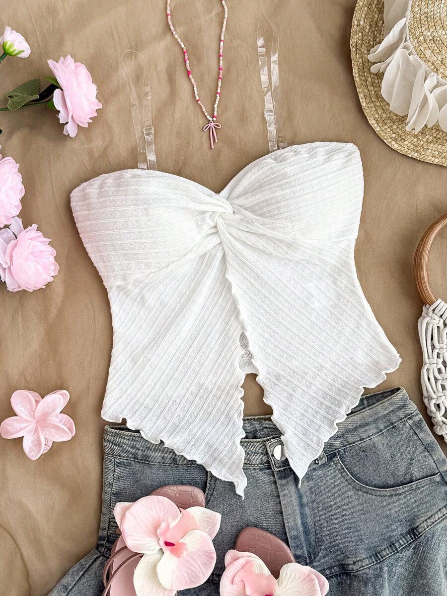 SHEIN Teen Girls Valentine's Resort Style Mustard White Textured Tube Top With Front Twist, Frill Trim Fitted Blouse. Suitable For Afternoon Tea, Streetwear, Vacation, Layering Or Party Wear, Autumn/Winter/Cute/Vacation