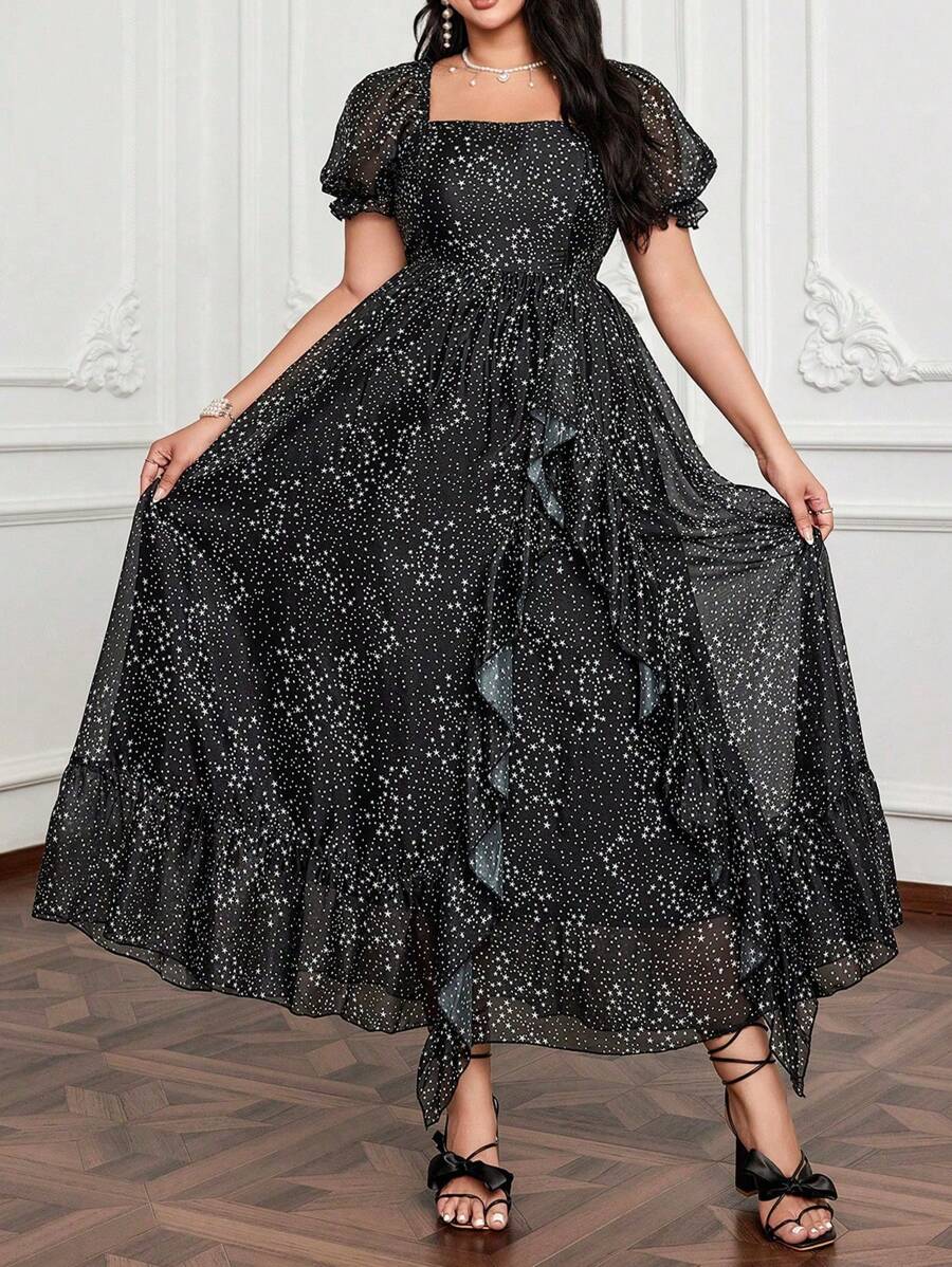 Lyrianda Plus Size Romantic Square Neck Cinched Waist Ruffle Hem Dress
