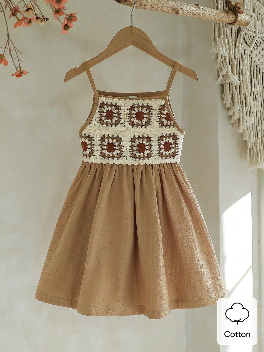 Vintaside Kids Young Girl Spring New Khaki Color Strap Dress, Simple Solid Color Design, Loose Fit, Suitable For Outdoor Play, Home Leisure, School Activities And Family Gatherings