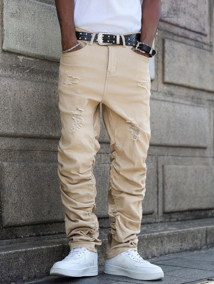Manfinity EMRG Jeans casuales de mezclilla con pliegues y bolsillos para hombre