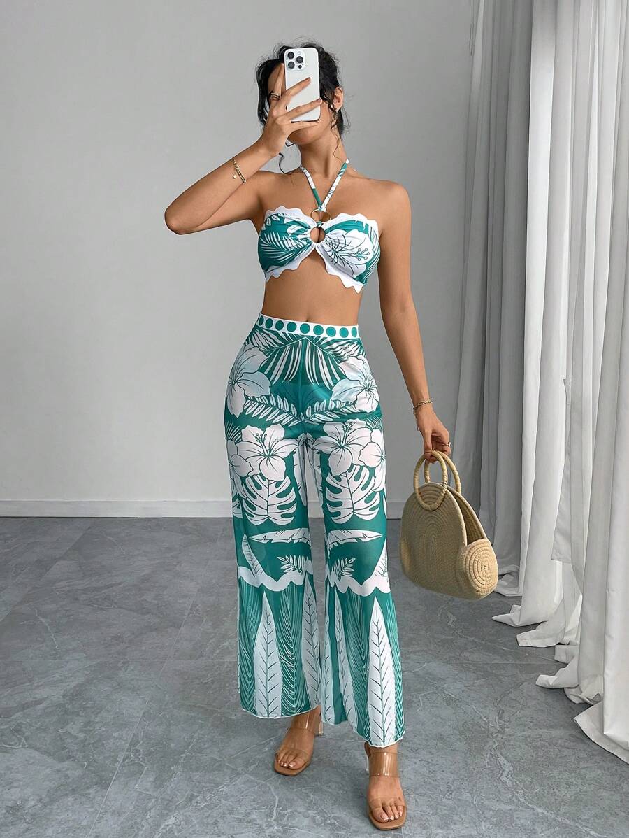 Elenzga Set de 3 piezas Traje de baño de mujer con Top estilo halter tipo bandeau con estampado floral y pantalón de playa, color aleatorio, para vacaciones de verano