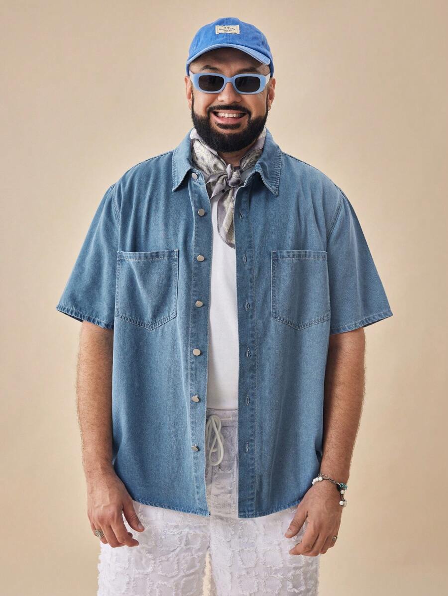 EASEVO Plus Size Men's Casual Blue Denim Short Sleeve Shirt, Suitable For Summer