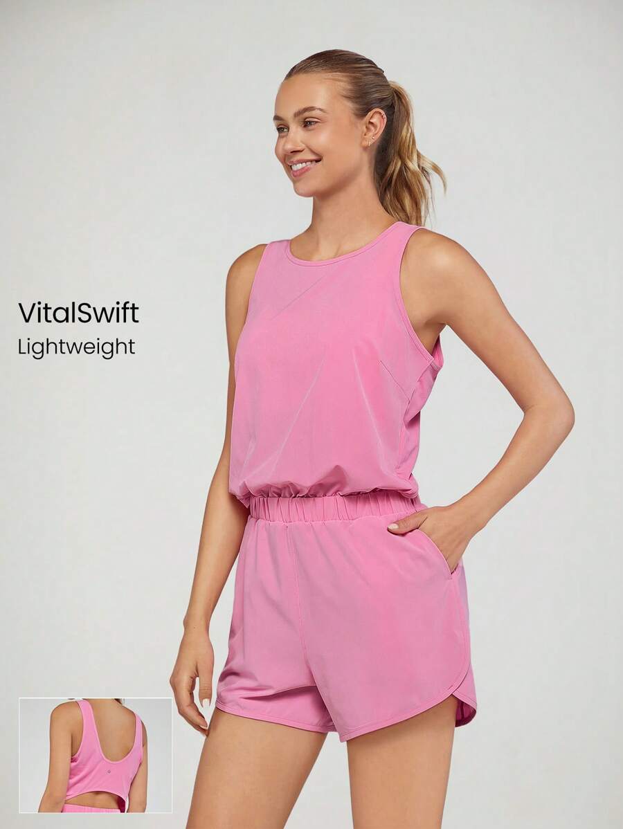 GLOWMODE Enterizo con recortes, bolsillos y ropa interior incorporada para correr y hacer ejercicio de impacto medio con secado rápido VitalSwift en talla mediana