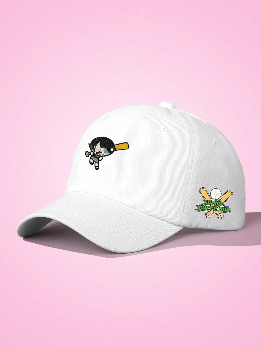 THE POWERPUFF GIRLS X SHEIN Buttercup Embroidered Fashionable White Washed Baseball Cap