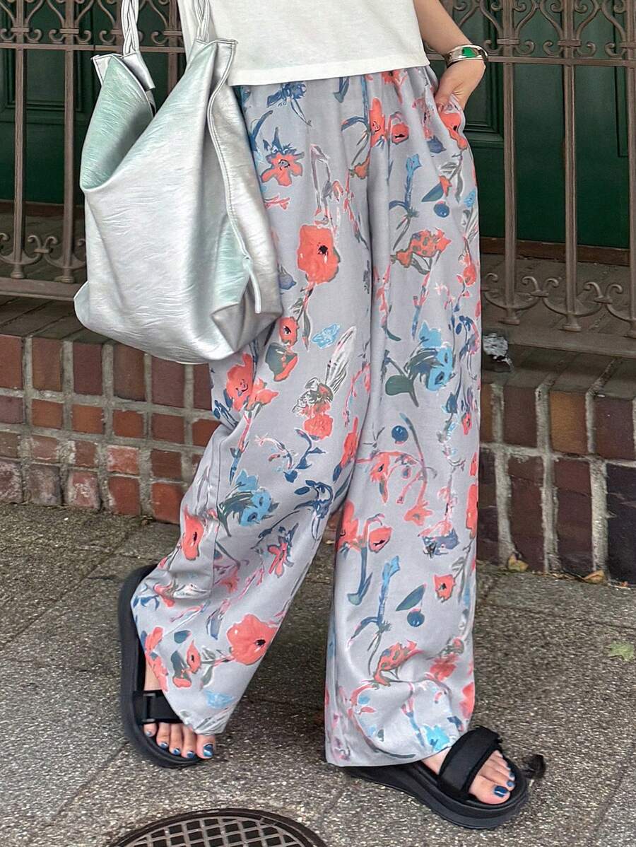 FRIFUL Women's Drawstring Waist Full Print Straight Leg Casual Pants, Versatile Beach Wear