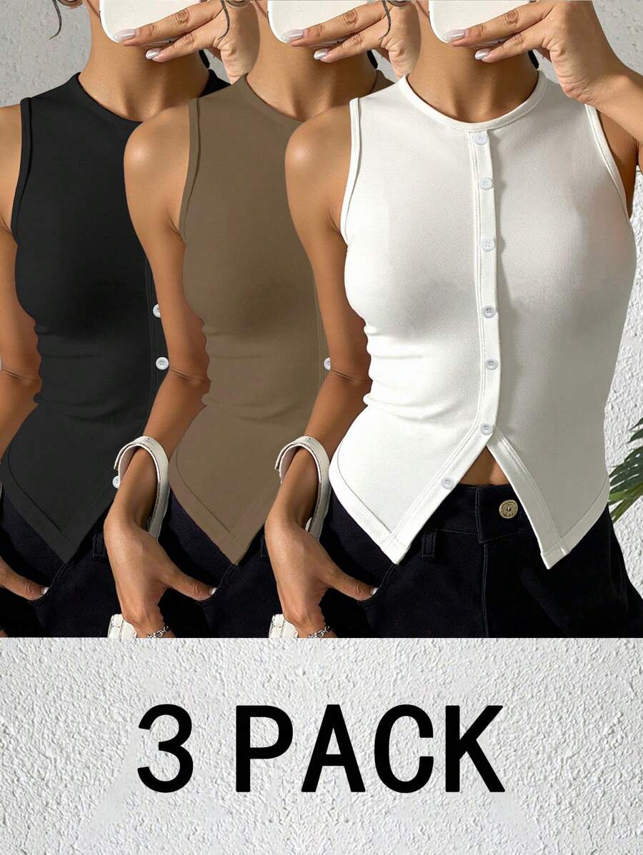 Celisse 3 Pcs/Set Women's Solid Color Elegant Round Neck Sleeveless Slit Fitted Button Tank Top