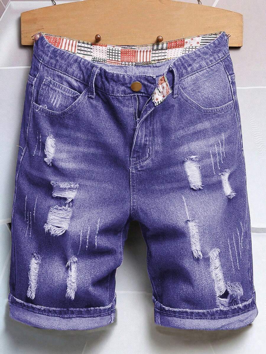 Manfinity LEGND Shorts vaqueros de hombre de algodón desgarrados y desgastados, con aspecto de arañazo de gato, azul oscuro liso, para salir con amigos, estilo vintage