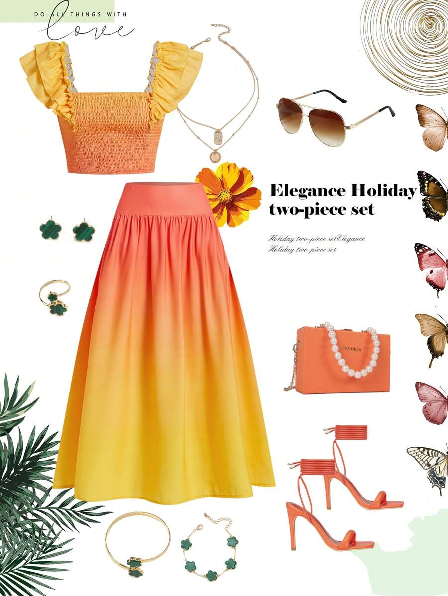 Ellevyn 2 pezzi/set Blusa con scollo quadrato a balze effetto sfumato e fiocco, e gonna lunga, set estivo per donne