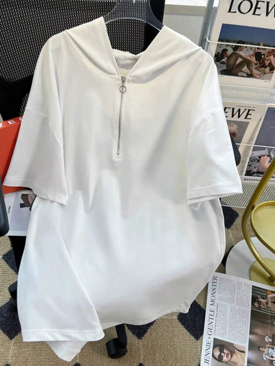 SHEIN Unity Elegant Short Sleeve Hooded Loose T-Shirt For Women, Casual White Sweatshirt Tops For Summer Graduation,Back To School Outfits,Graduation,Teacher Outfits For Women,Back To School Pullover Fall Outfit