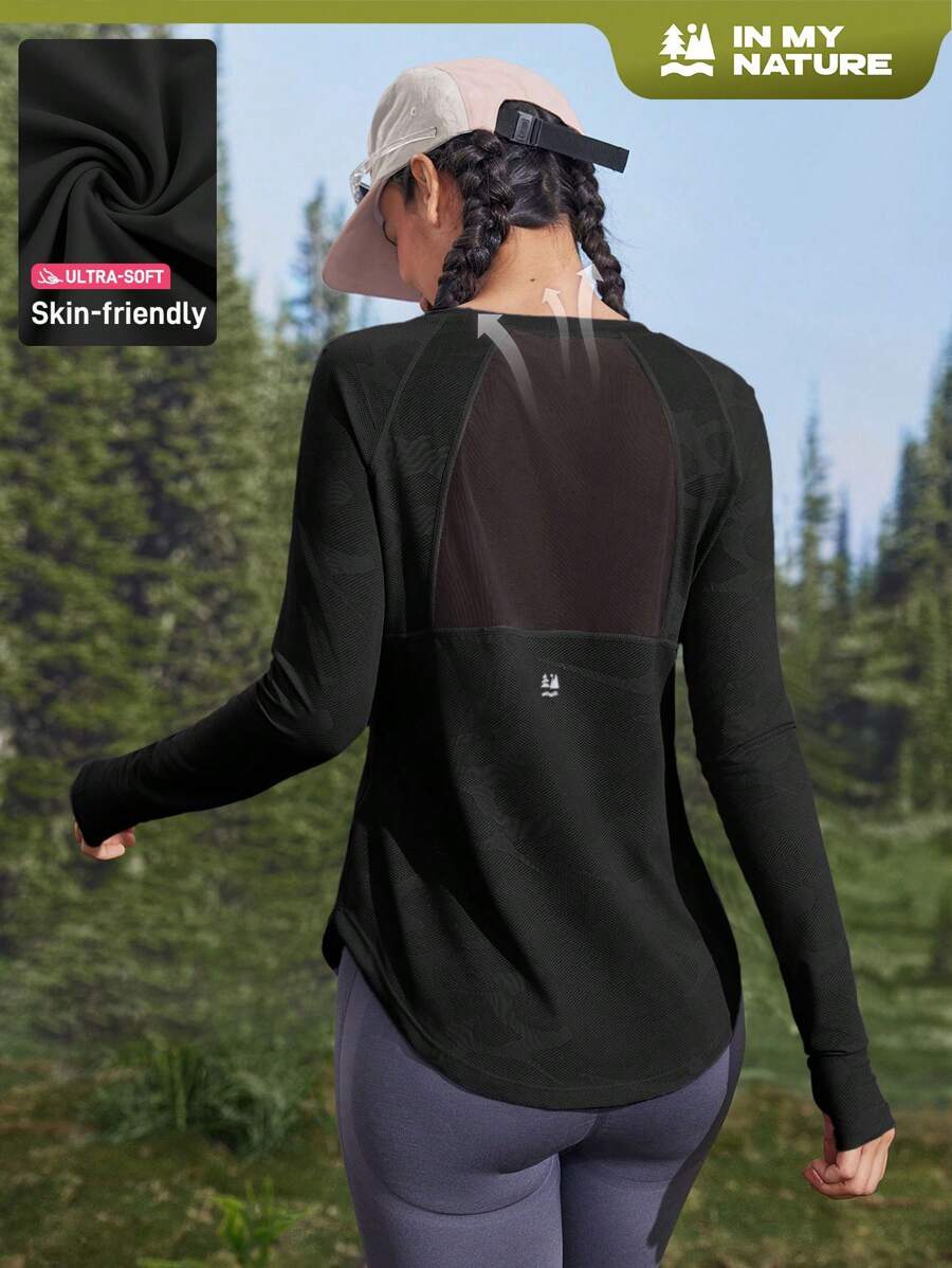 In My Nature In My Nature Camiseta de verano para mujer con abertura para el pulgar, panel de malla, para yoga, pilates, deportes, running, fitness, morada, transpirable y elástica para ropa de senderismo