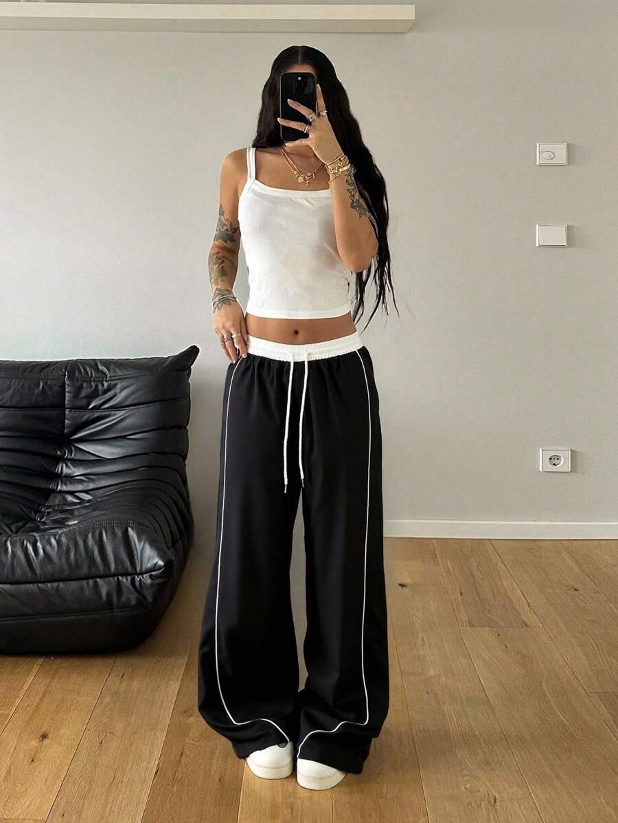 Flirla Women's Contrast Color Drawstring Waist Wide Leg Loose Casual Pants