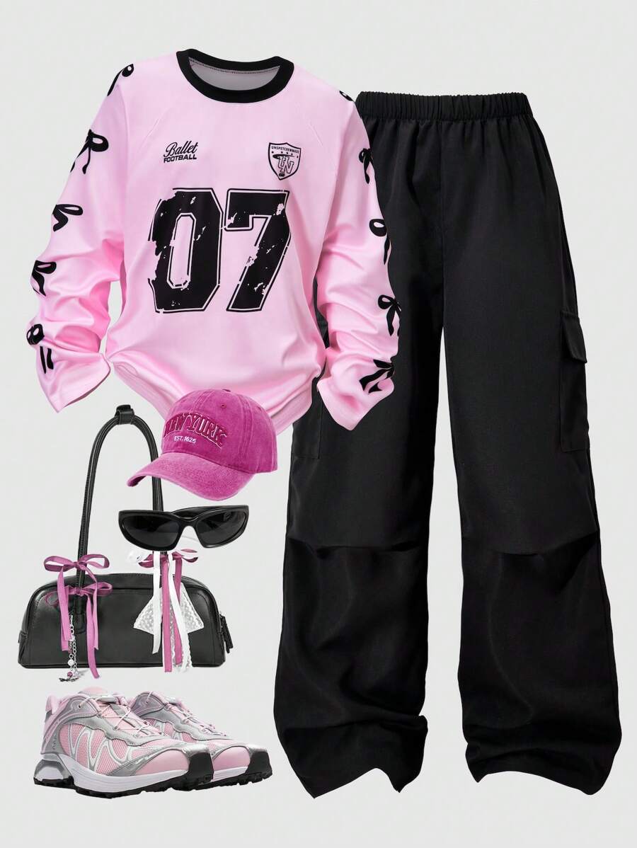 2 pezzi Set di abbigliamento per ragazze pre-adolescenti con blocchi di colore, camicia a maniche lunghe con stampa di fiocco, lettere e numeri, e pantaloni cargo con tasche laterali, adatto per il ritorno a scuola in primavera e autunno