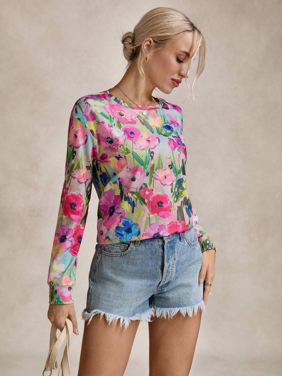 SHEIN LUNE Camiseta de manga larga de cuello redondo holgada con estampado floral minimalista casual para mujer, adecuada para otoño e invierno