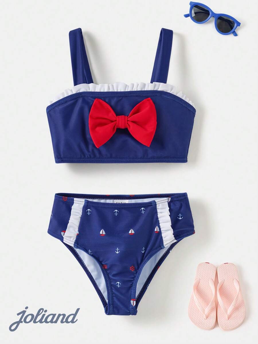Joliand Joliand 2pcs/Set Young Girl Urban Elegant Red Halter Top With Navy Bow Decor And Sailor Anchor & Lighthouse Printed Swimsuit, Suitable For Pool, Beach, Summer