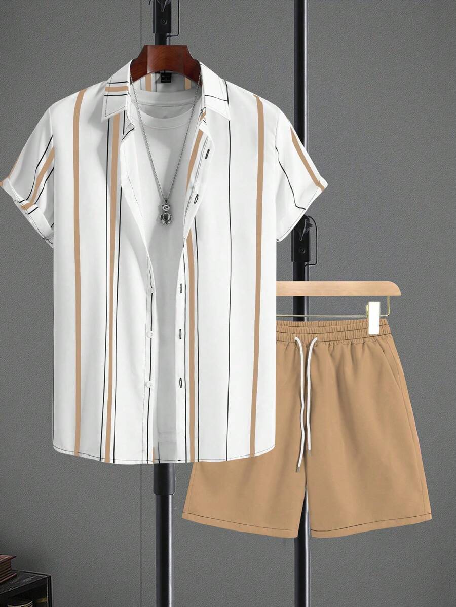 Manfinity Homme 2 pièces/Set Chemise à manches courtes à rayures et shorts pour hommes