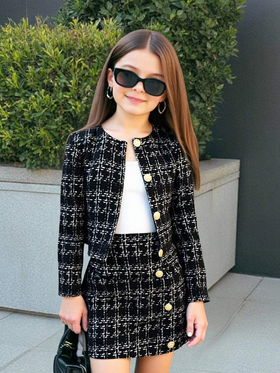 SHEIN Tween Girls 2-delige set Urban Chic lange mouwen jas & bodycon rok outfit, van NOVA Store