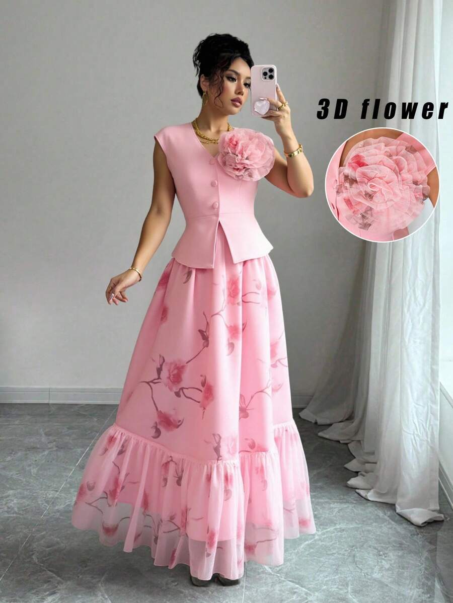 Elenzga Top elegante e romantico da donna con vita raccolta e decorazione floreale 3D, set di due pezzi con stampa floreale in rete, arricciato