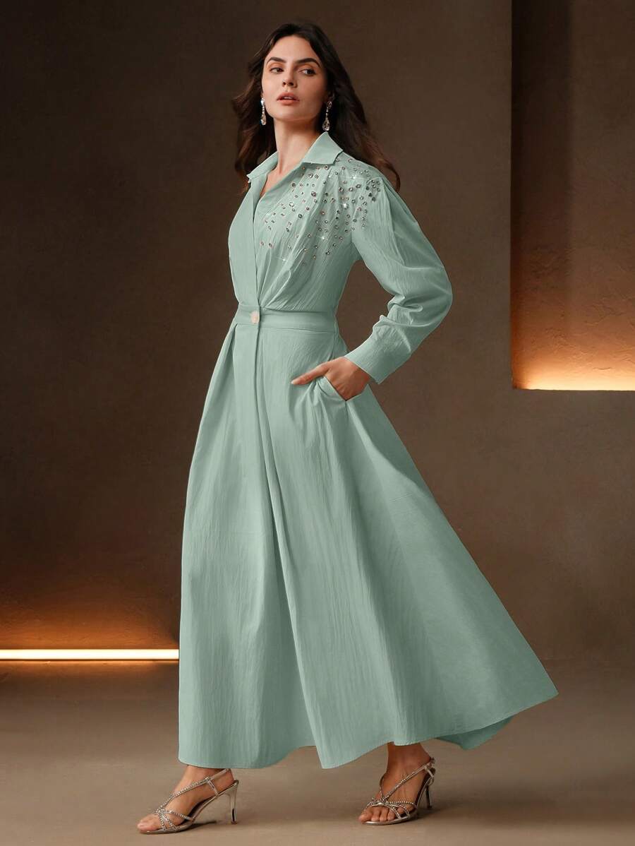 Anewsta Elaire Spring, Festival, Holiday, Vacation Elegant Loose Fitting Vintage Studded Waist Drop Shoulder Shirt Dress For Women