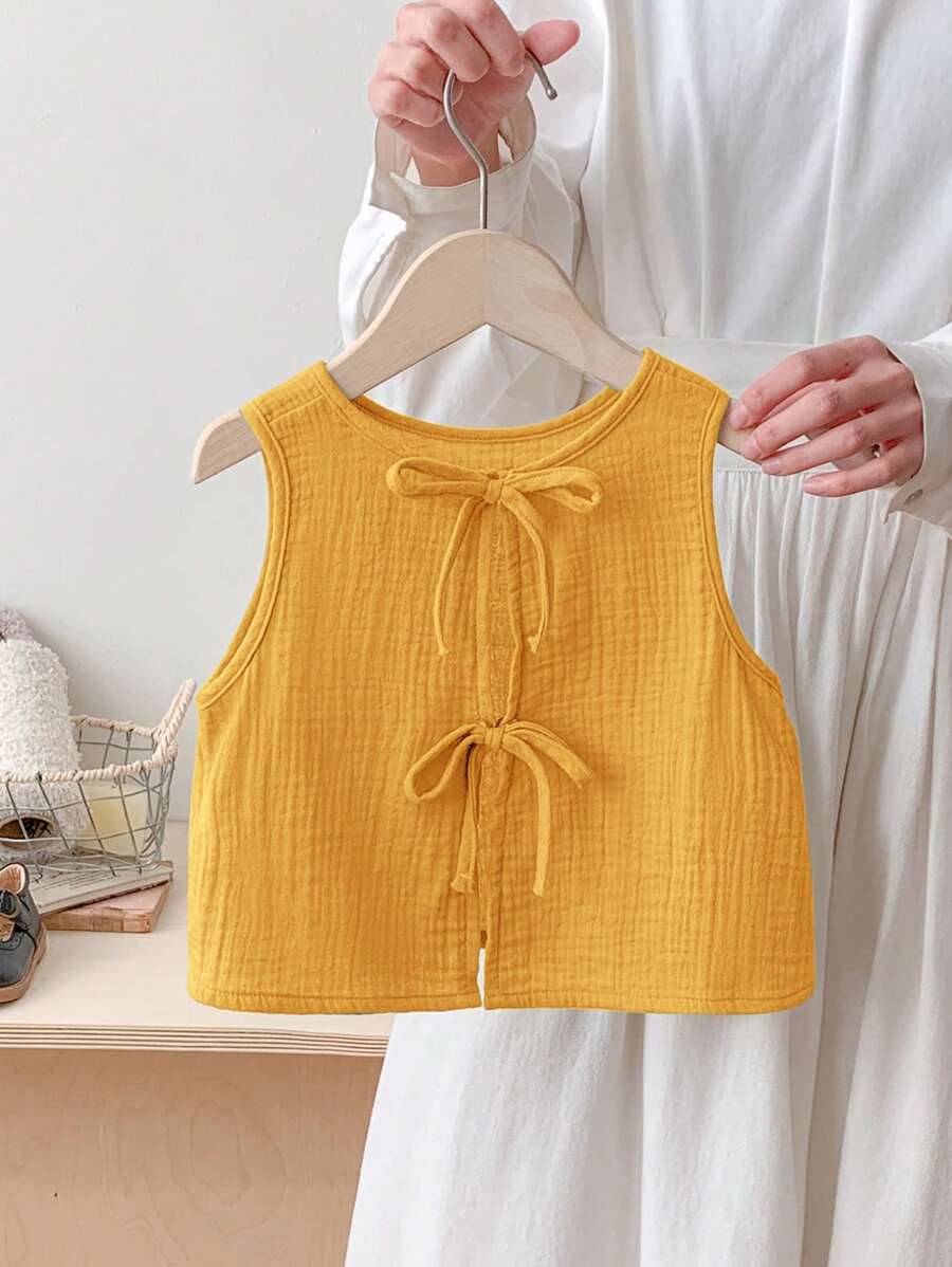 SHEIN LMoss Kids Top de tirantes estilo línea A en tela texturizada con detalles de lazo flojo sin espalda, informal para niña joven, para primavera y verano