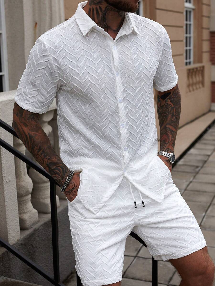 Manfinity Homme Men's Short Sleeve Shirt And Shorts Set, Fashionable Summer Outfit