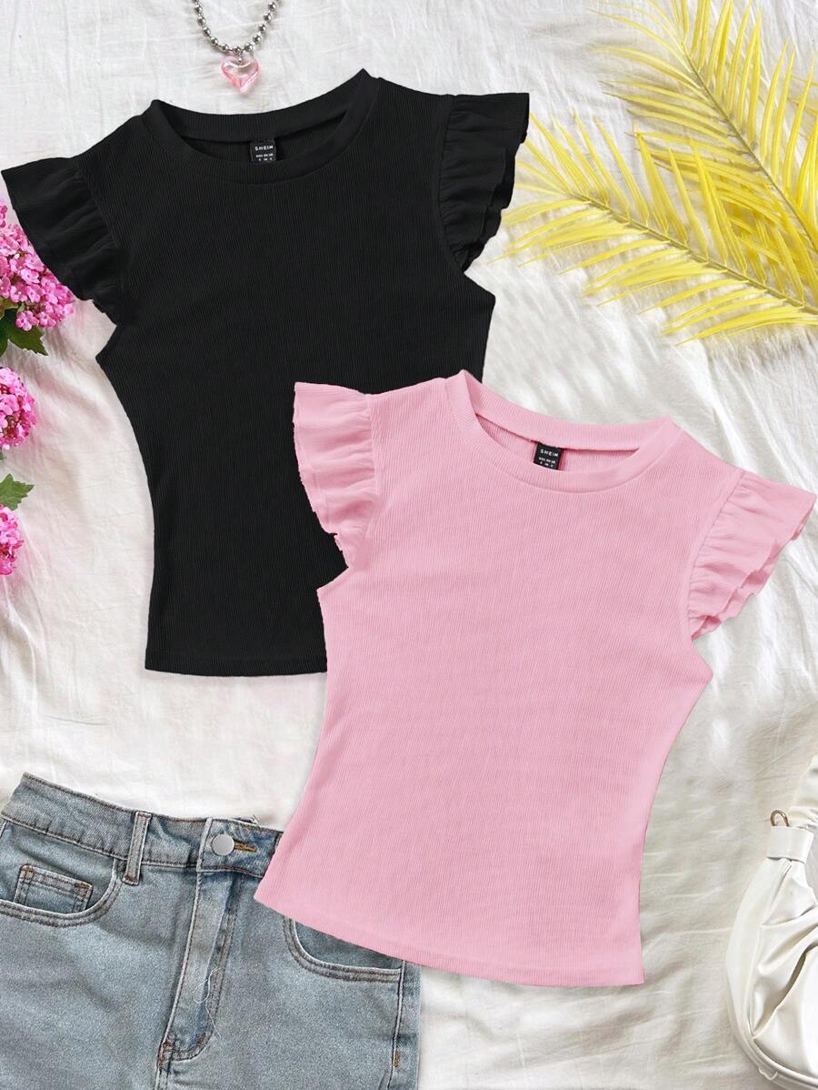 Soleia Set de 2 camisetas ajustadas de cuello redondo y manga corta de punto acanalado