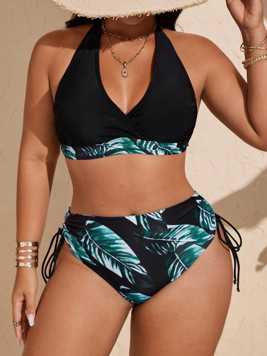 Swim Vcay Set de bikini con estampado de hojas tropicales, con tirantes atados al cuello y cordones cruzados en el pecho, para tallas grandes, nuevo lanzamiento 2025, estilo europeo y americano